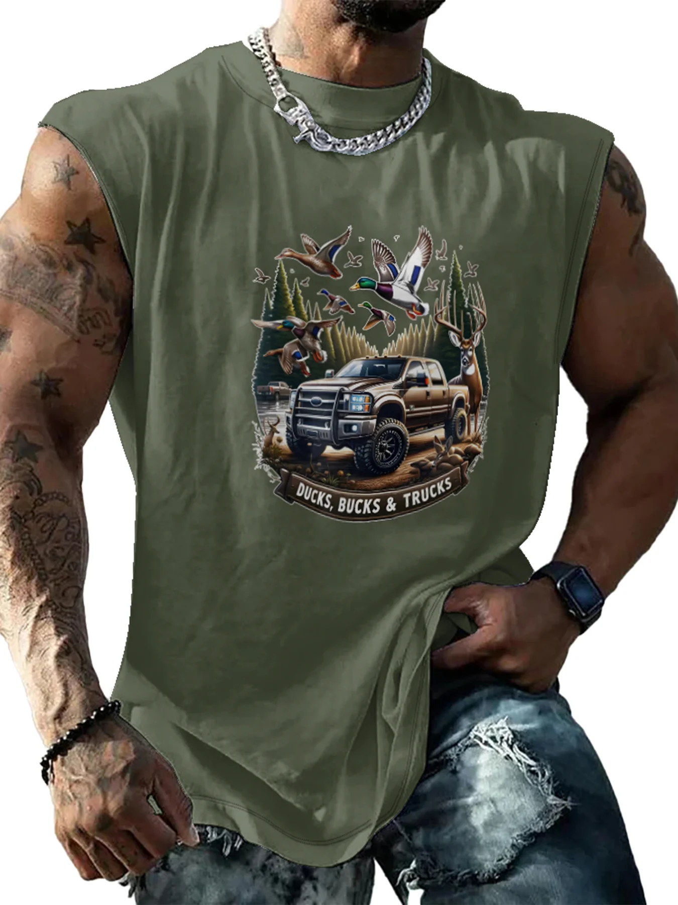 Mens Crewneck Tank Tops Ducks Bucks Trucks Beach Sleeveless Shirt
