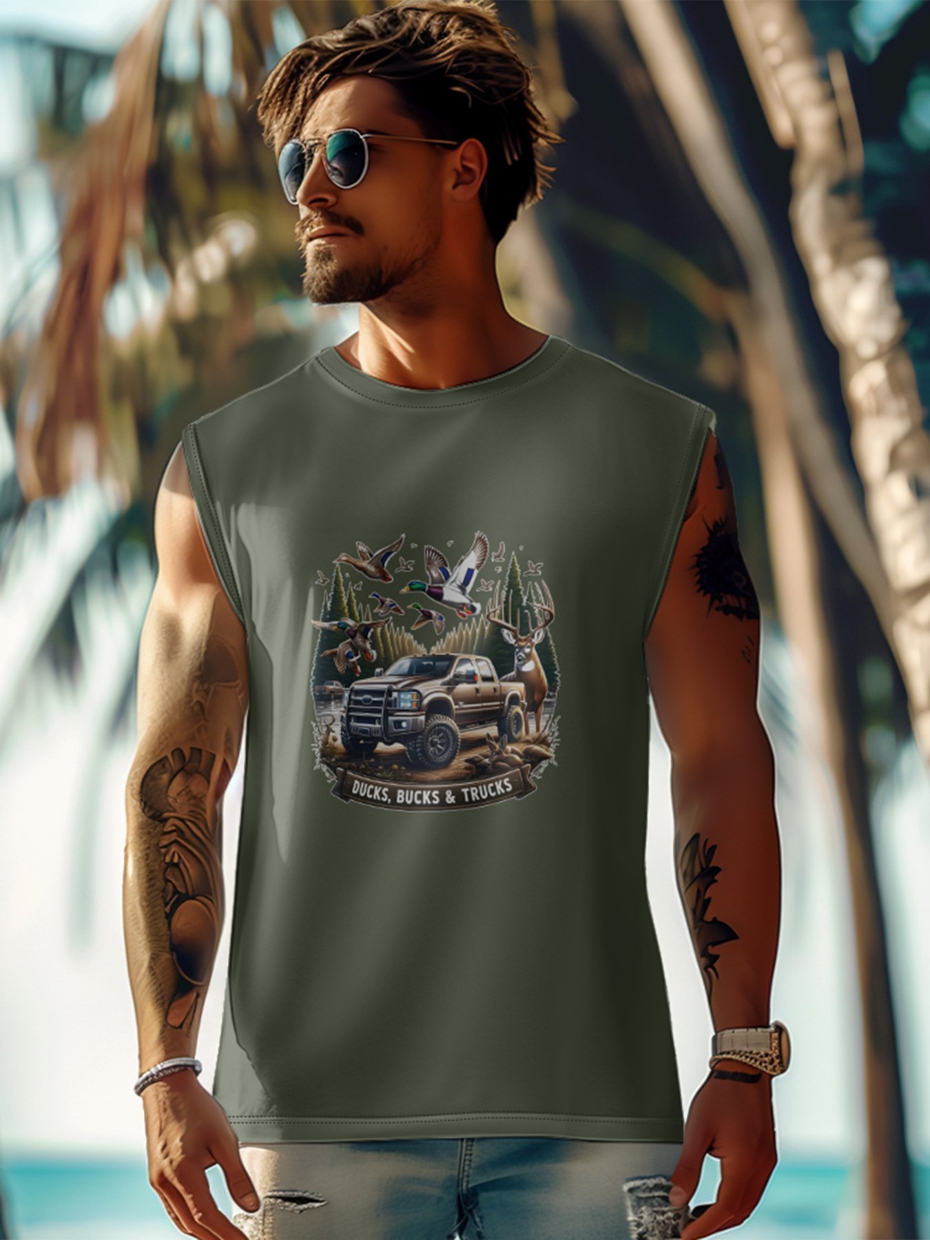 Mens Crewneck Tank Tops Ducks Bucks Trucks Beach Sleeveless Shirt