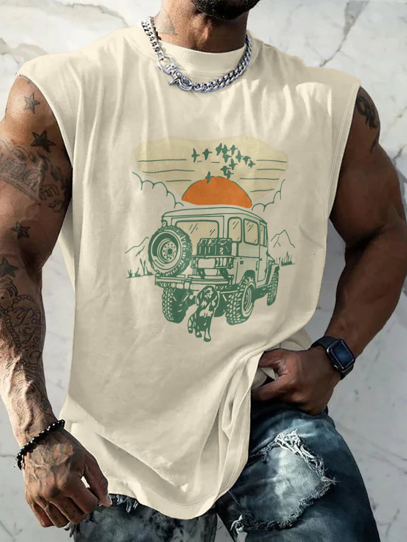 Mens Crewneck Tank Tops Jeep Beach Sleeveless Shirt