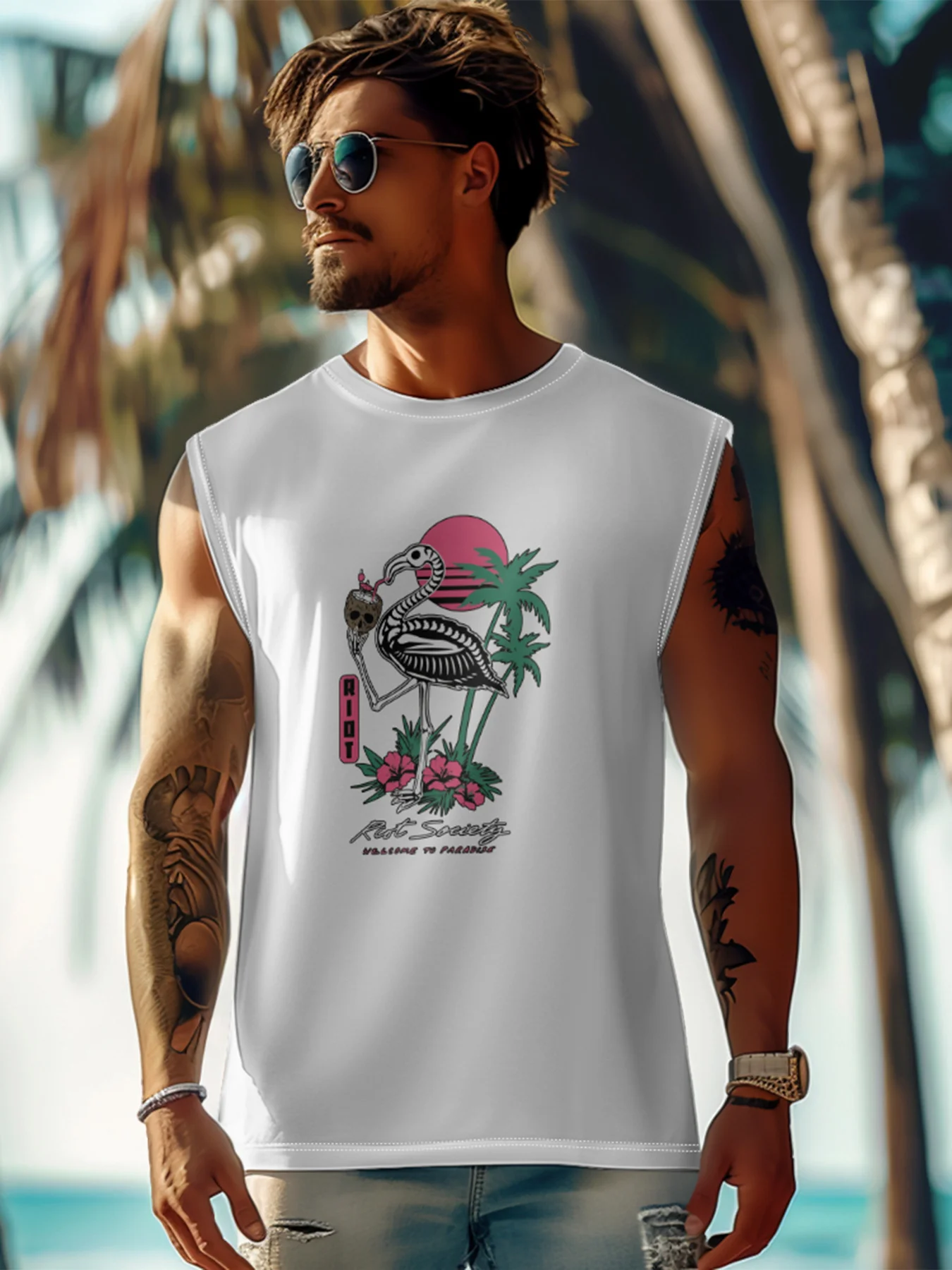 Mens Crewneck Tank Tops Flamingo Beach Sleeveless Shirt