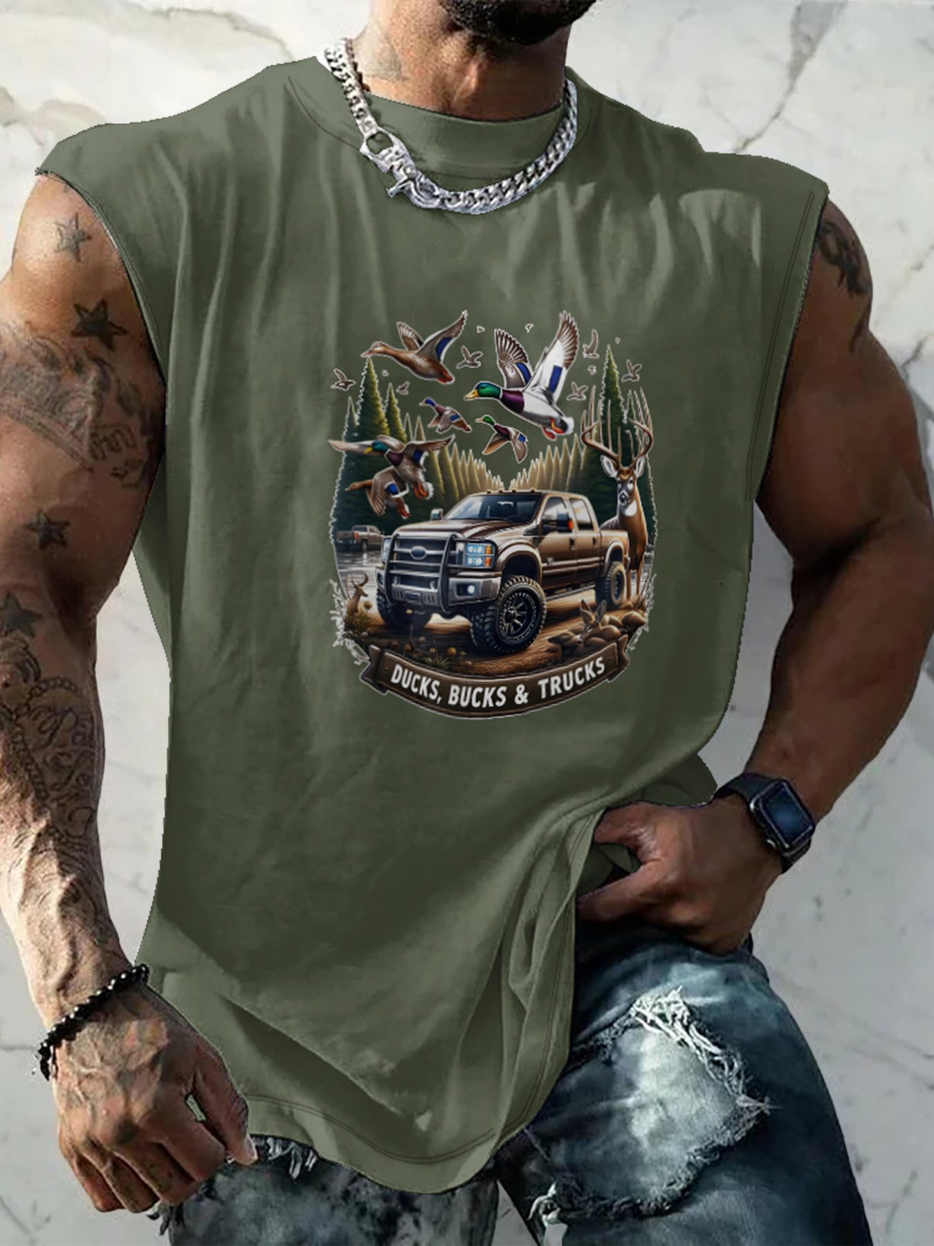 Mens Crewneck Tank Tops Ducks Bucks Trucks Beach Sleeveless Shirt