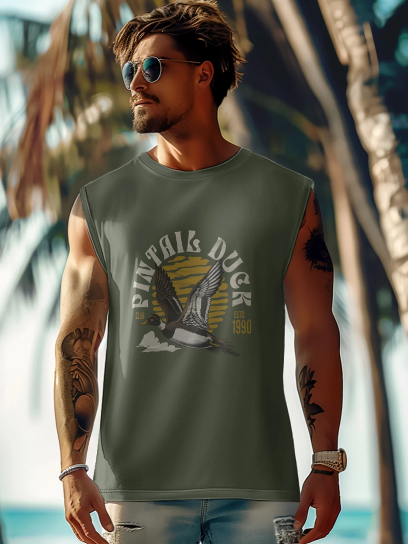 Mens Crewneck Tank Tops Duck Hunting Beach Sleeveless Shirt