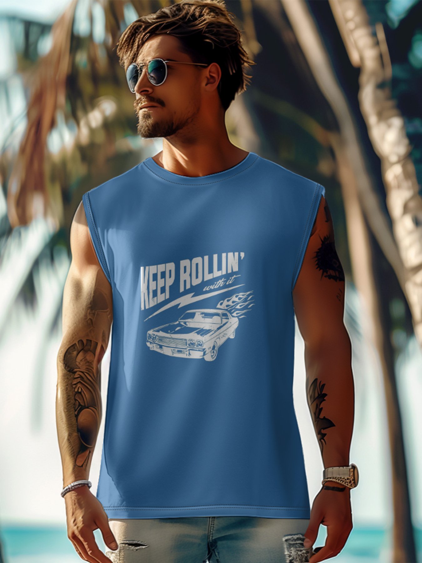 Mens Crewneck Tank Tops Keep Rollin Beach Sleeveless Shirt