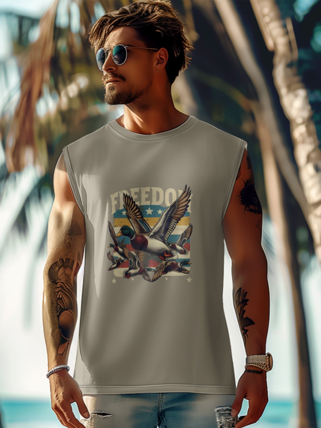 Mens Crewneck Tank Tops Duck Hunting Beach Sleeveless Shirt