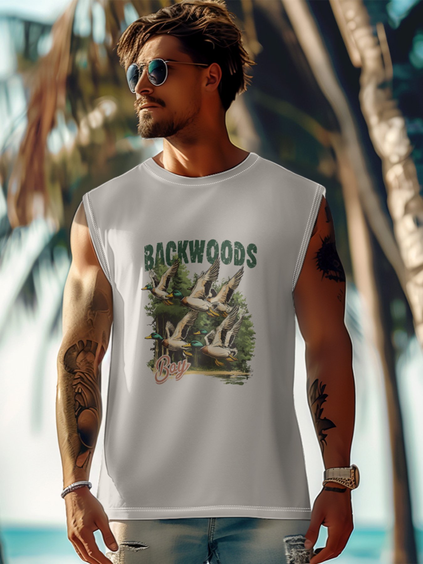 Mens Crewneck Tank Tops Duck Hunting Beach Sleeveless Shirt