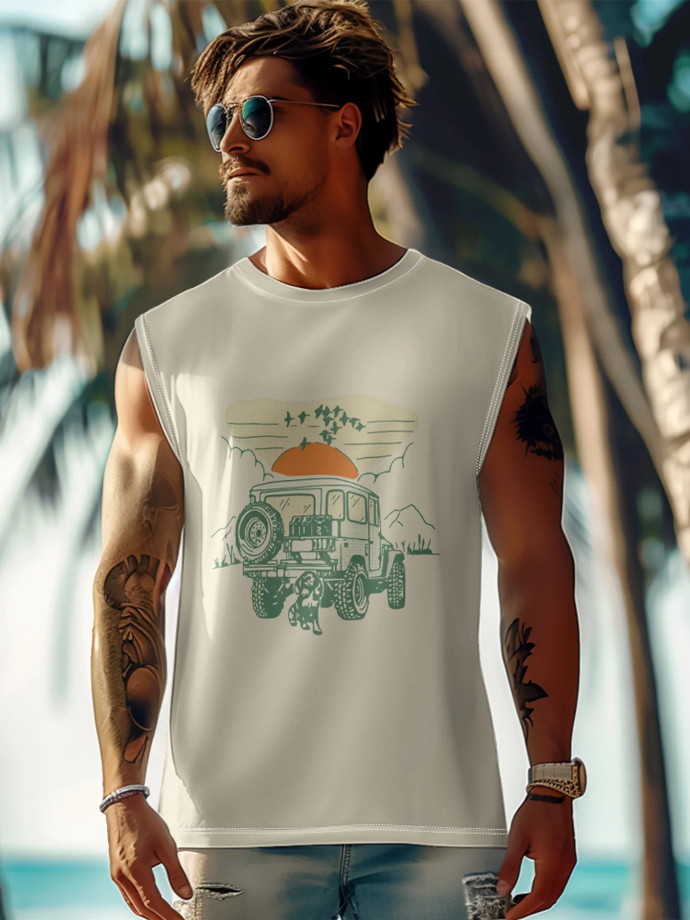 Mens Crewneck Tank Tops Jeep Beach Sleeveless Shirt