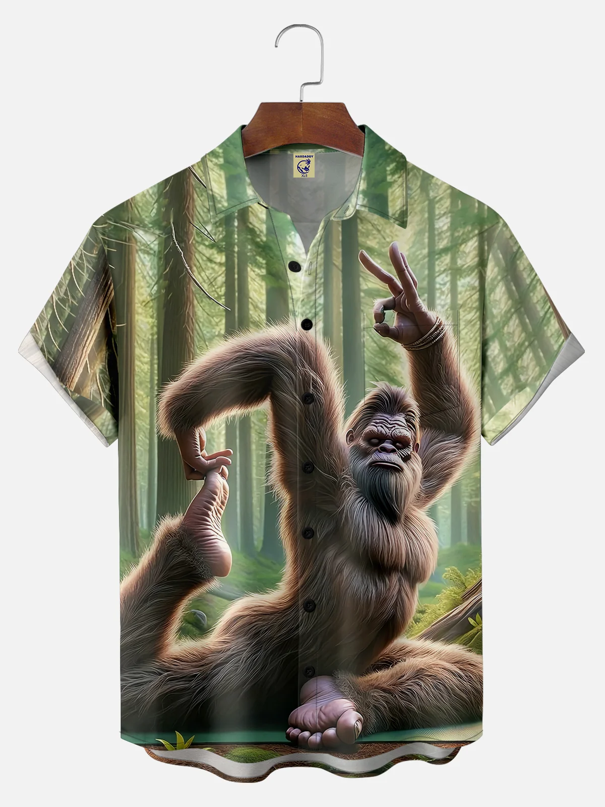 Big Size Moisture-wicking Bigfoot Yoga Fun Forest Chest Pocket Hawaiian Shirt