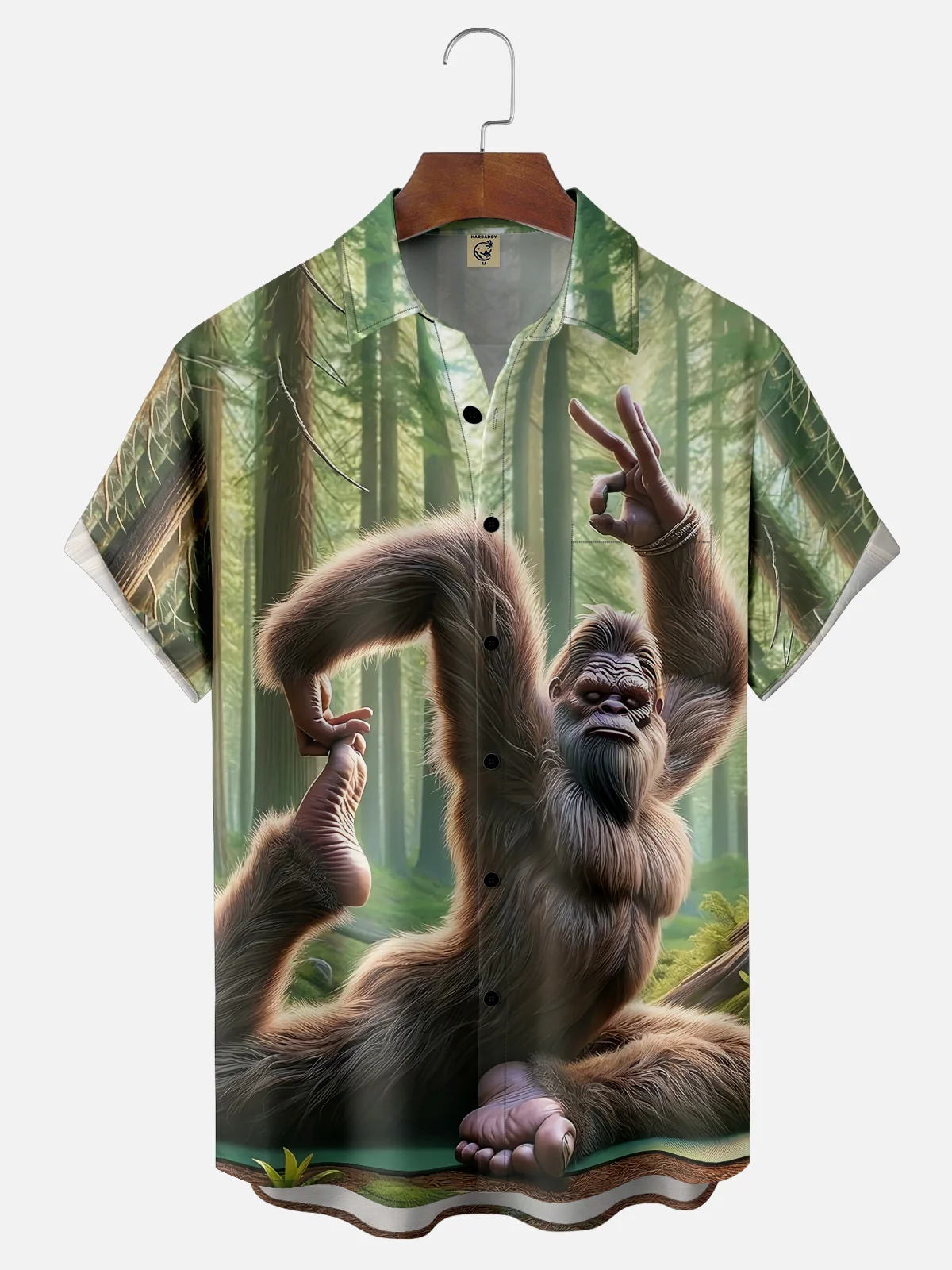 Tall Size Moisture-wicking Bigfoot Yoga Fun Forest Chest Pocket Hawaiian Shirt