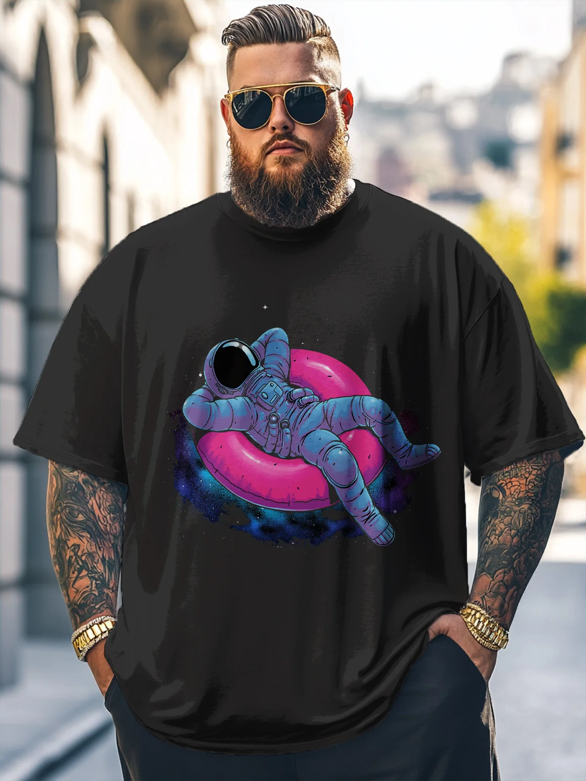 Hardaddy x Digital Carbine Big Size Men's Fun Astronaut Space Swimming Ring Multicolor Loose T-shirt