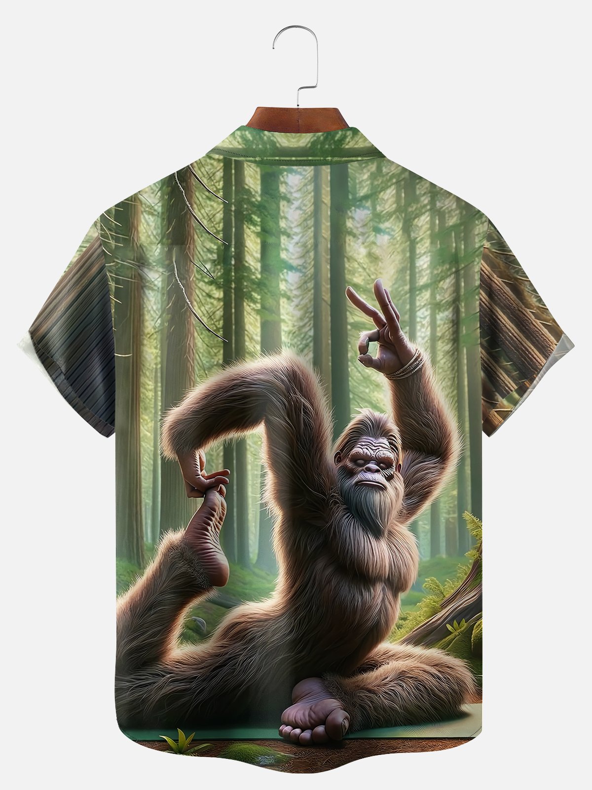 Big Size Moisture-wicking Bigfoot Yoga Fun Forest Chest Pocket Hawaiian Shirt