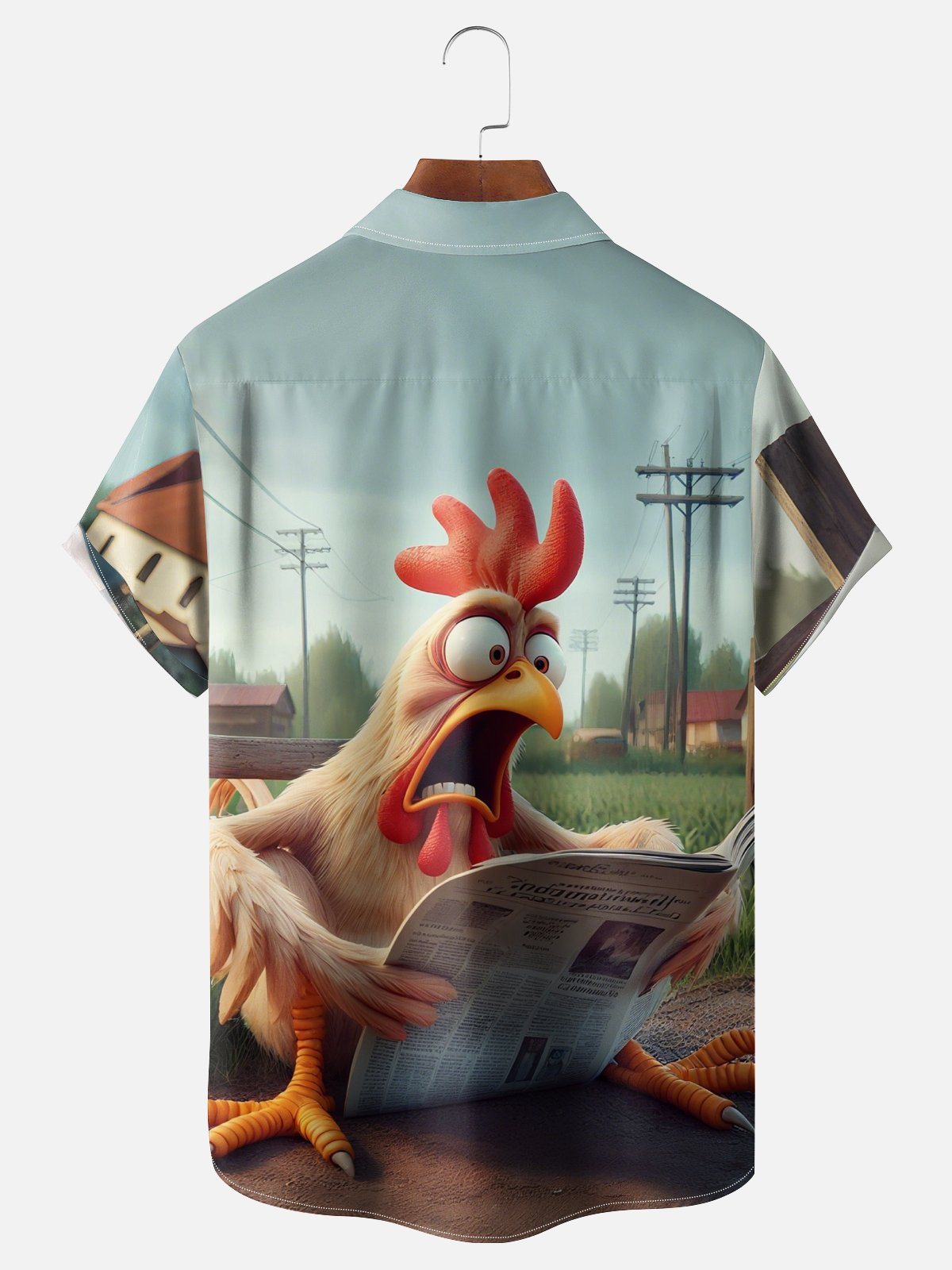 Moisture-wicking Funny Chicken Reading Newspaper Chest Pocket Hawaiian Shirt