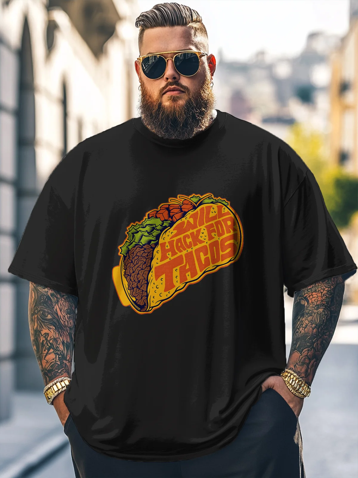 Big Size Men's Fun TACO Art Print Loose T-shirt