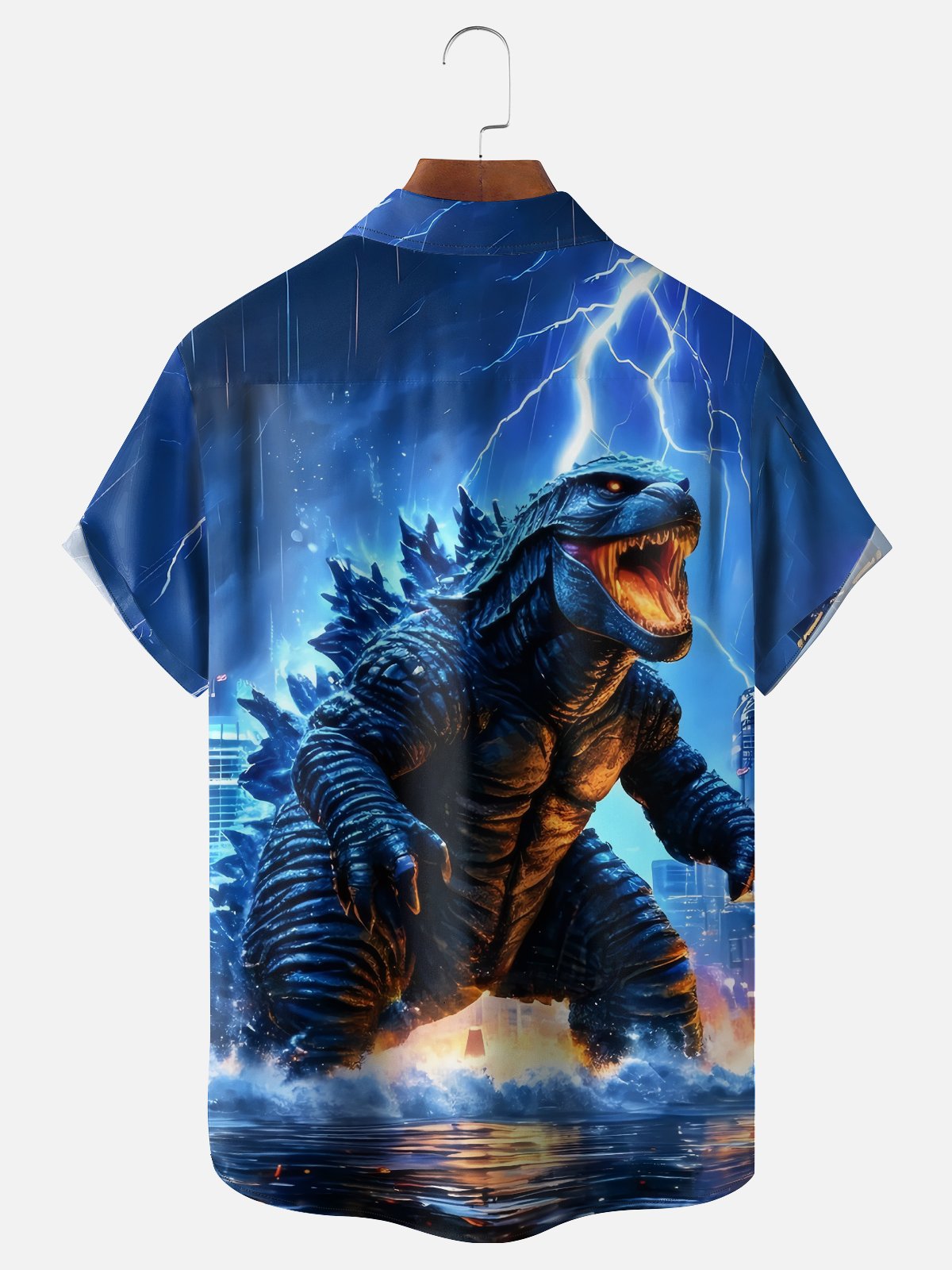 Moisture-wicking Fun Godzilla Lightning Art Chest Pocket Hawaiian Shirt