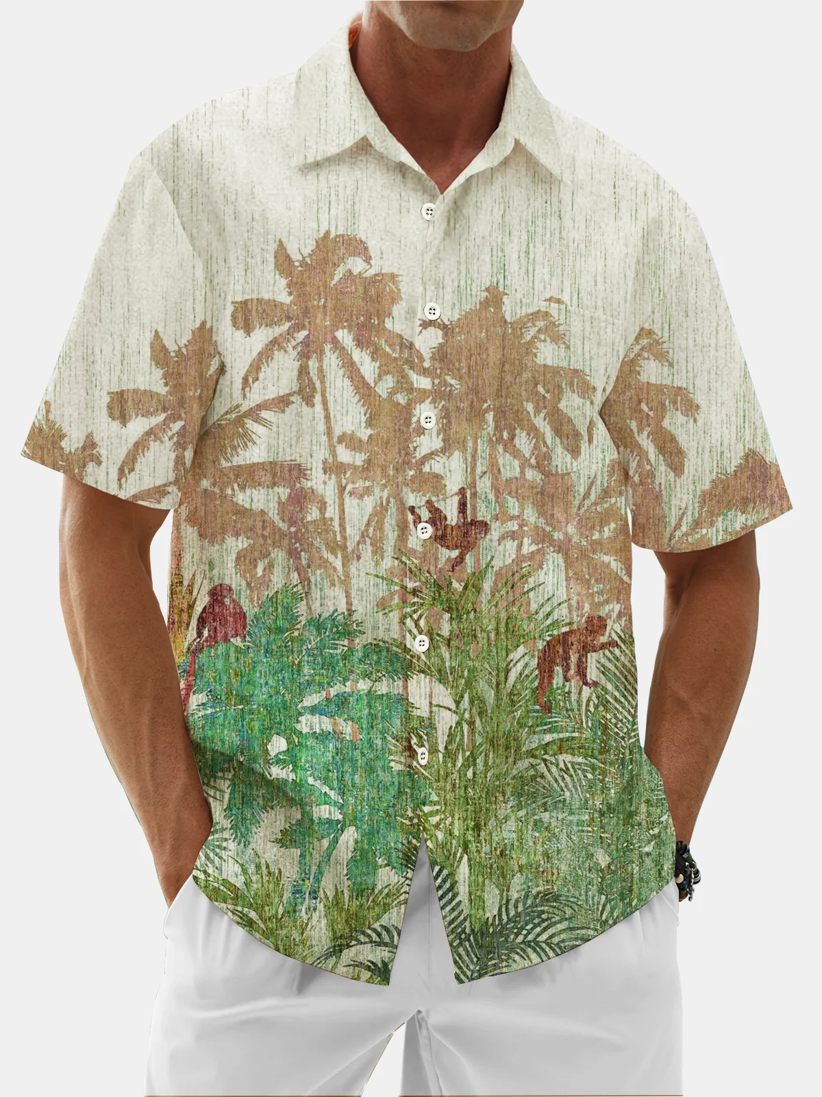 Moisture Wicking Coconut Tree Botanical Chest Pocket Hawaiian Shirt