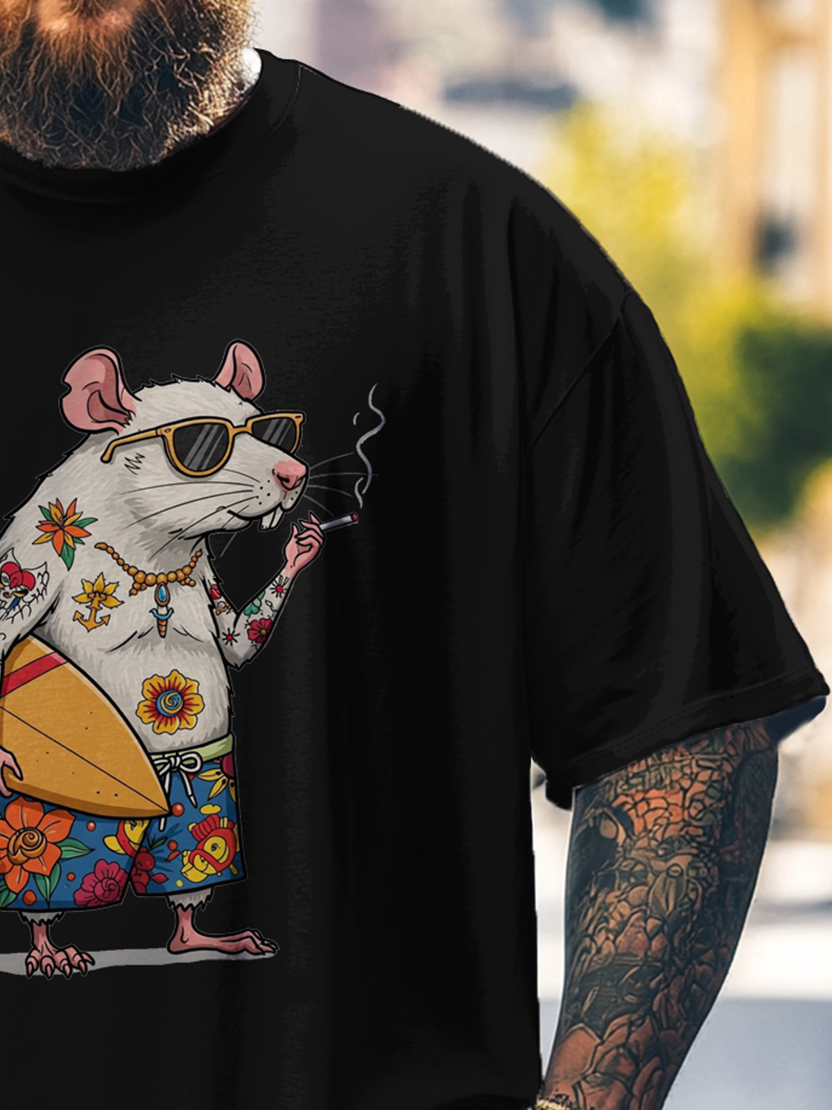 Big Size Men's Funny Tattoo Mouse Surfing Print Loose T-shirt
