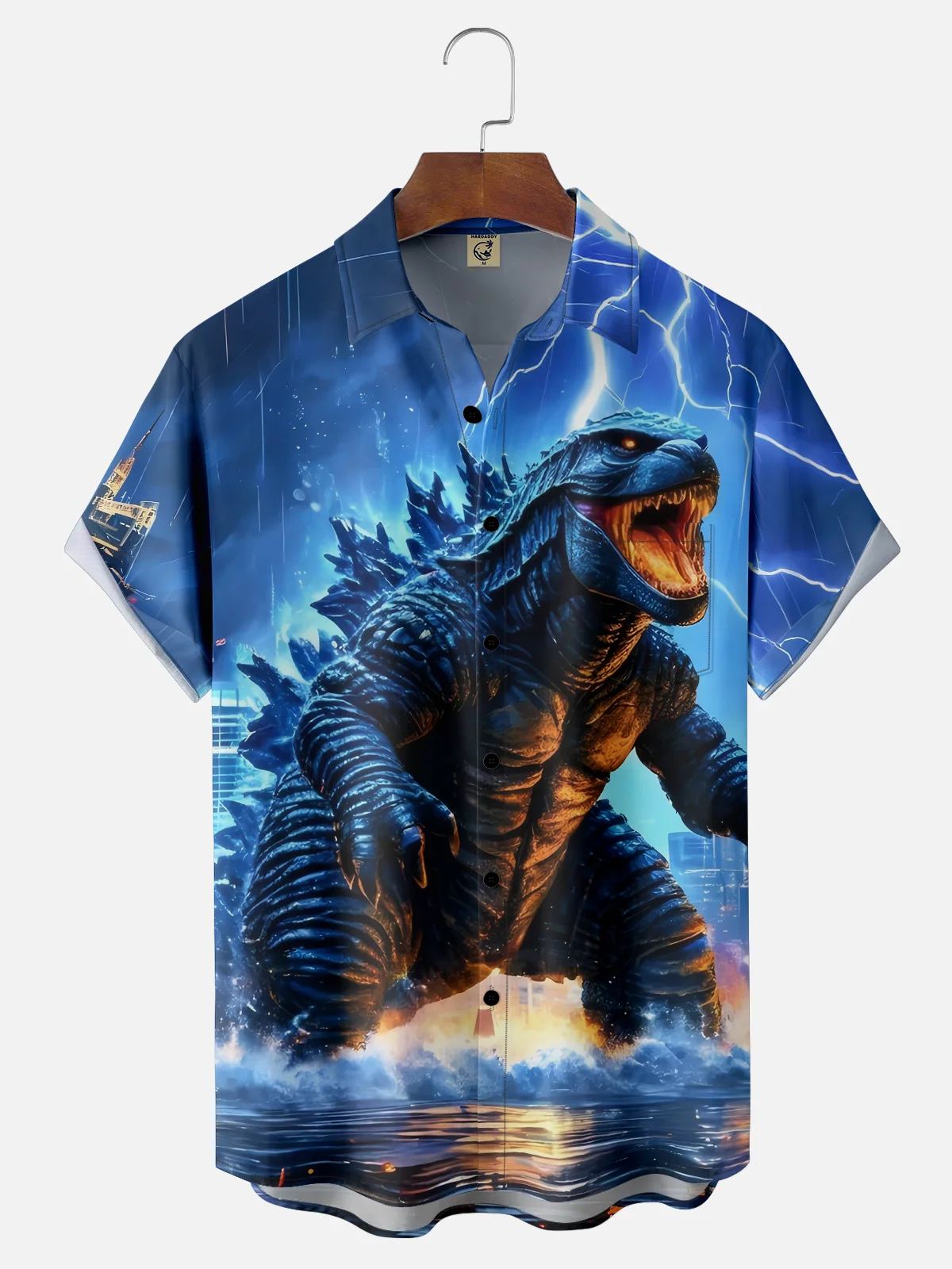 Moisture-wicking Fun Godzilla Lightning Art Chest Pocket Hawaiian Shirt