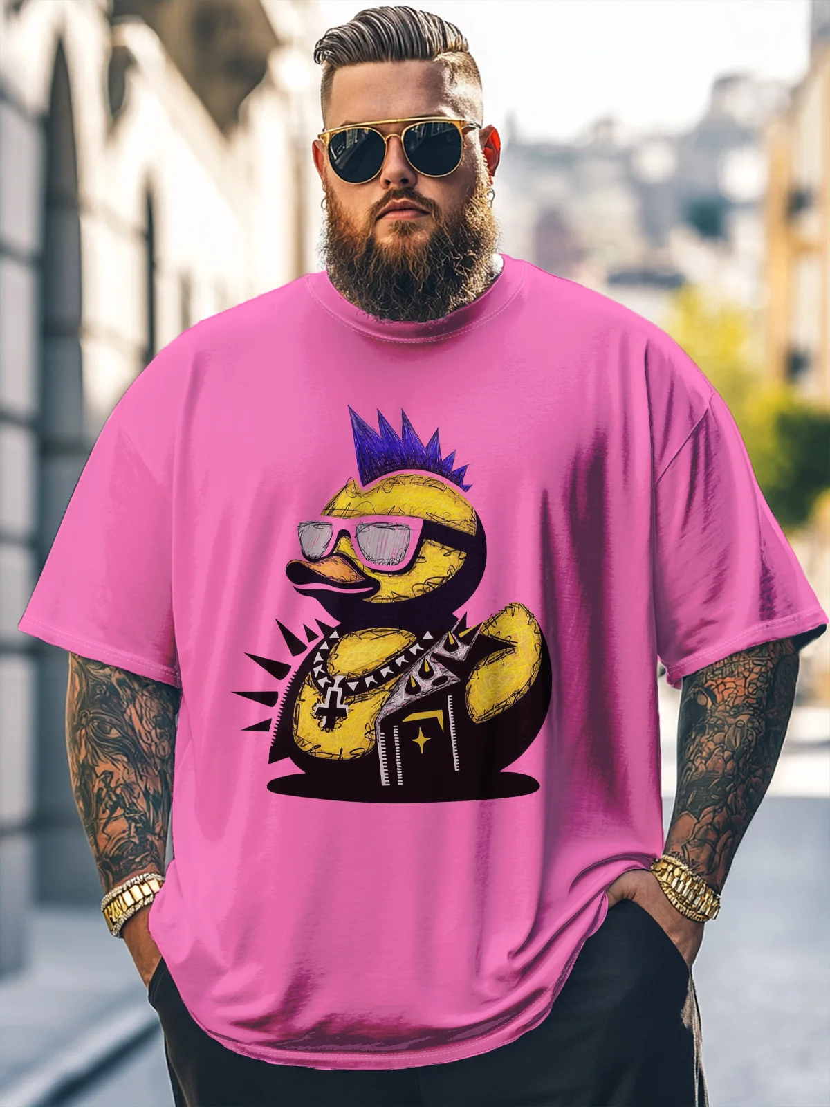Big Size Men's Fun Punk Duck Print Loose T-shirt