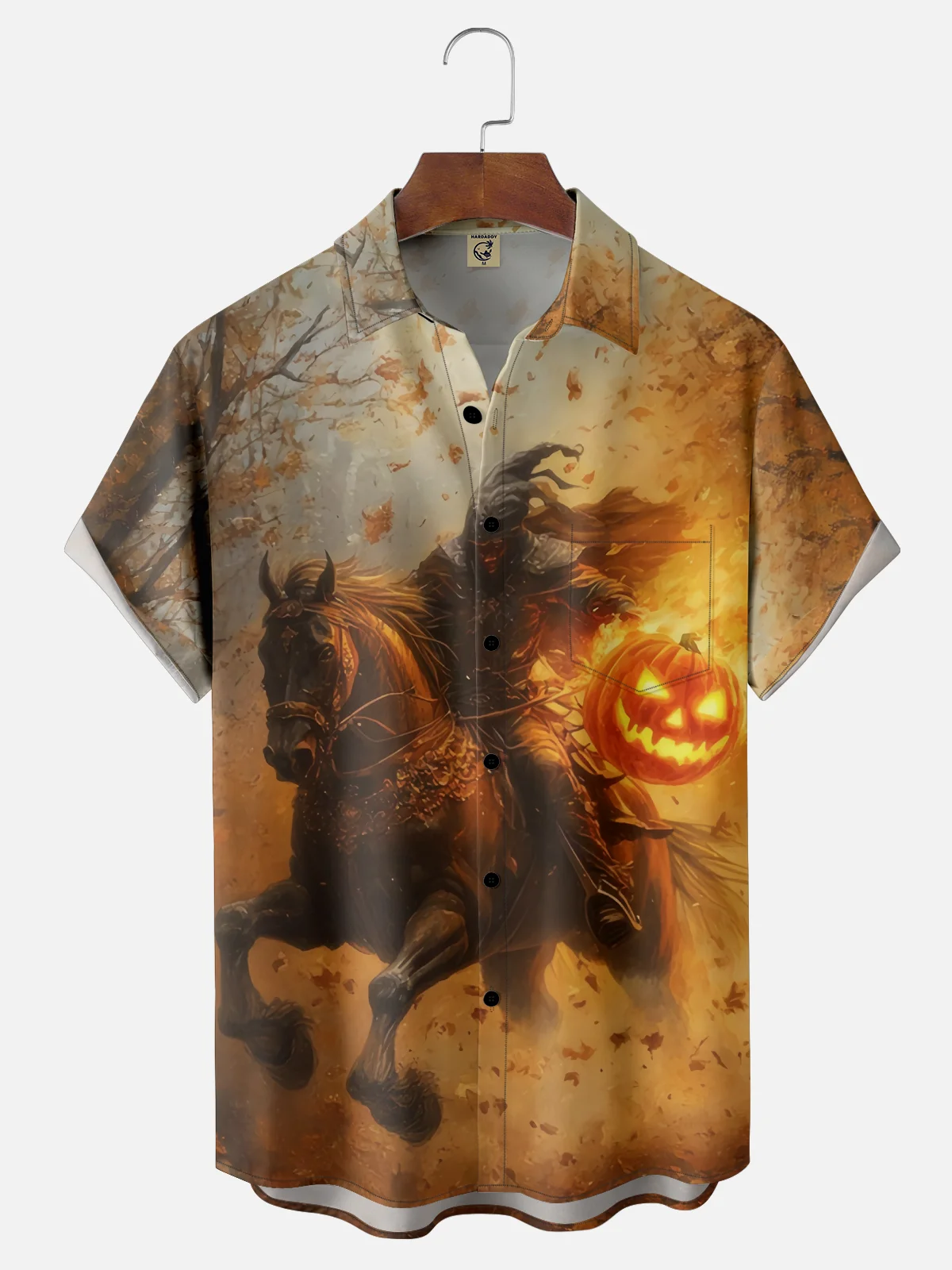 Moisture-wicking Halloween Headless Horseman Pumpkin Art Chest Pocket Casual Shirt