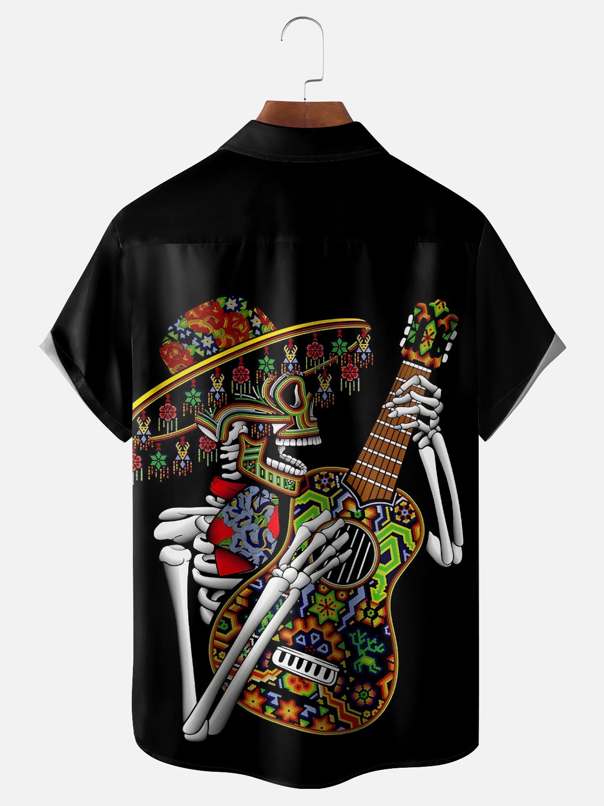 Moisture-wicking Day of the Dead Skeleton Music Chest Pocket Hawaiian Shirt
