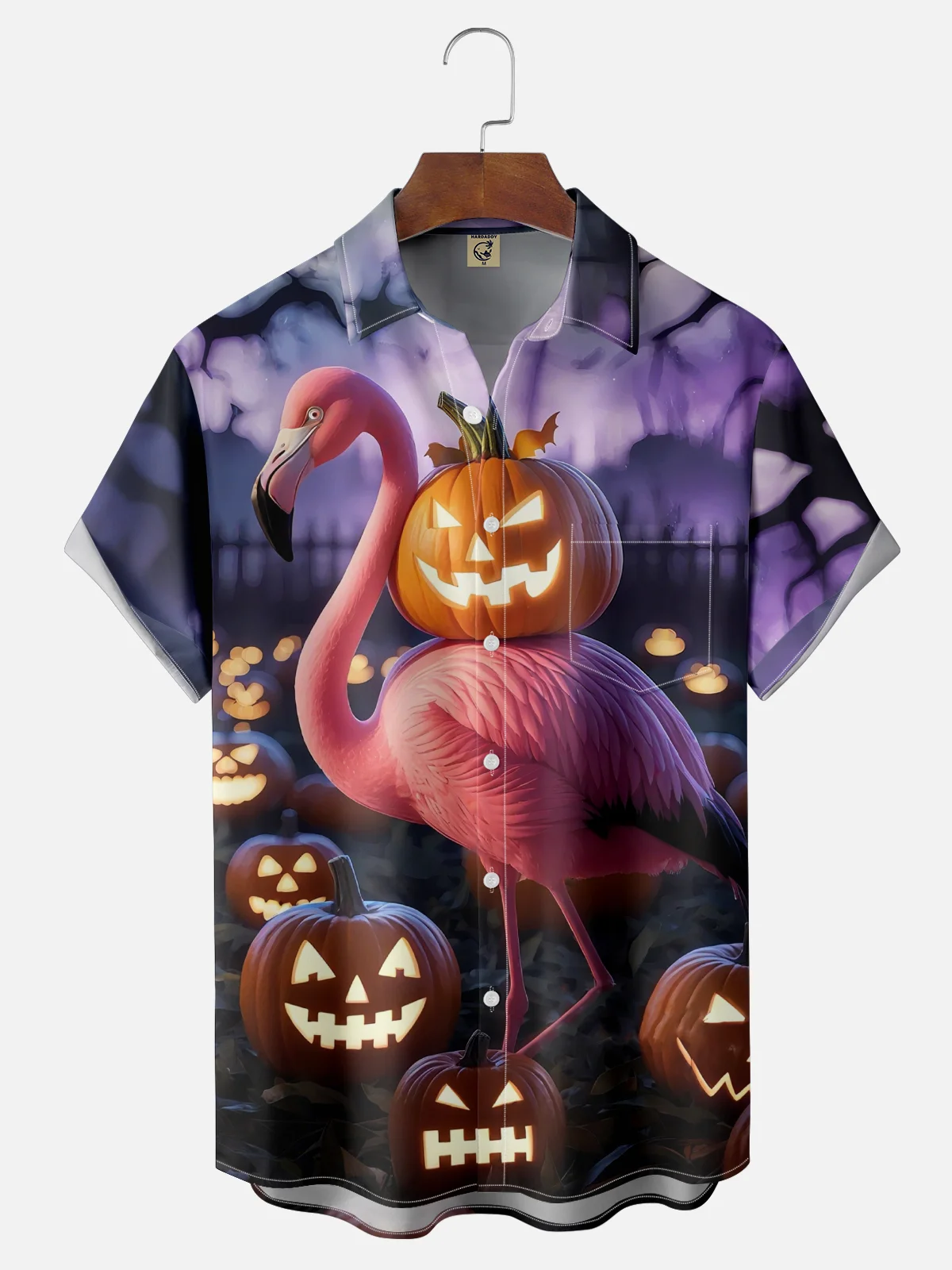 Moisture-wicking Halloween Flamingo Pumpkin Chest Pocket Casual Shirt