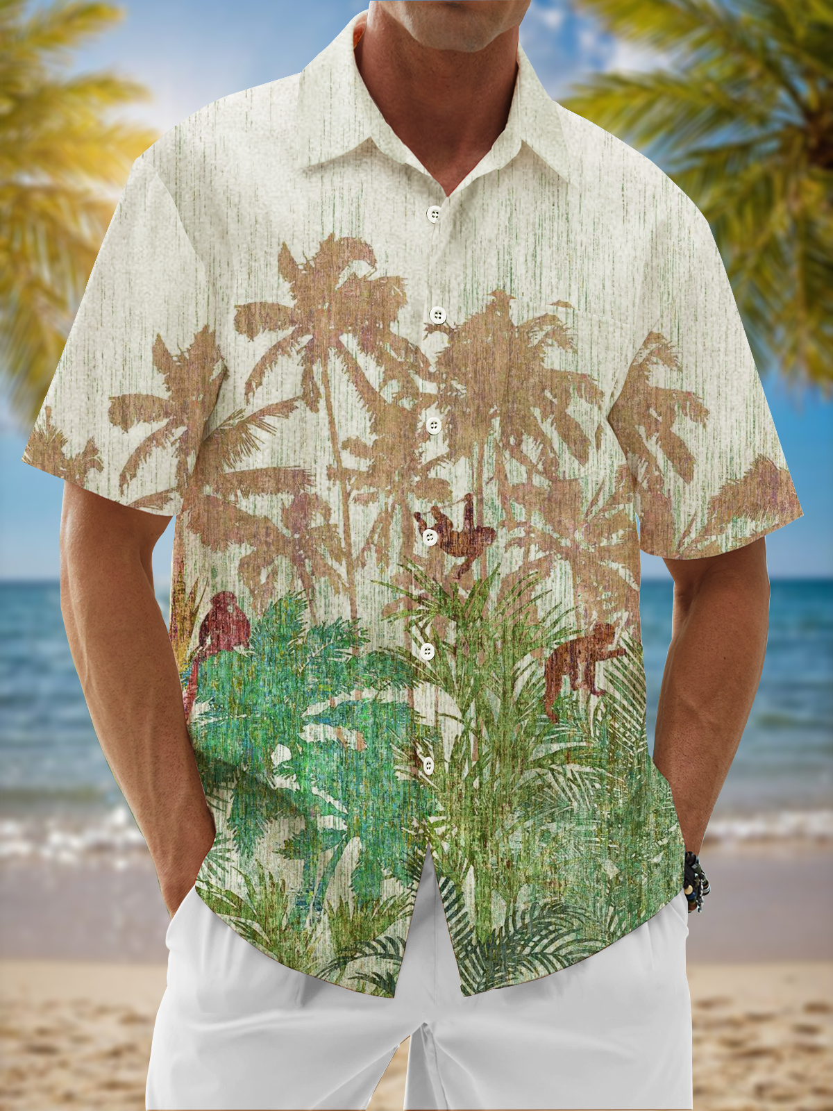 Moisture Wicking Coconut Tree Botanical Chest Pocket Hawaiian Shirt