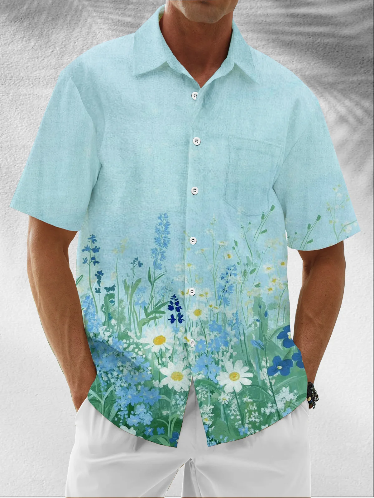 Moisture Wicking Plants Leaves Floral Chest Pocket Hawaiian Shirt