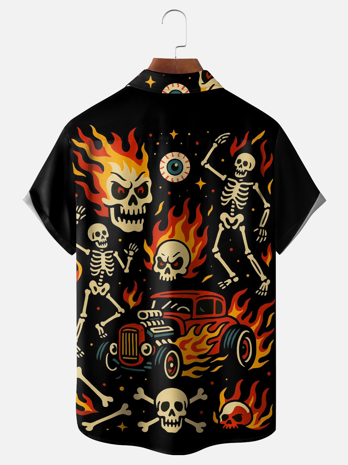 Moisture-wicking Music Festival Punk Skull Flame Chest Pocket Casual Shirt