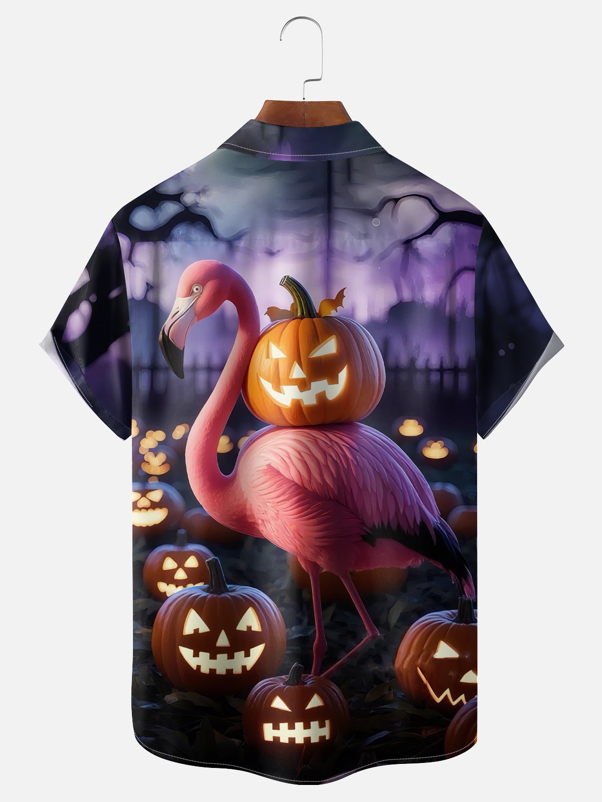 Moisture-wicking Halloween Flamingo Pumpkin Chest Pocket Casual Shirt