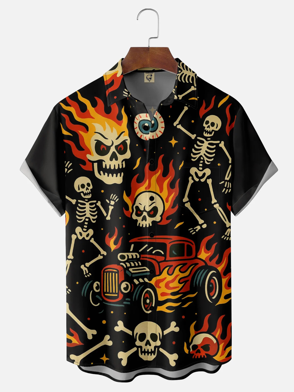 Moisture-wicking Music Festival Punk Skull Flame Chest Pocket Casual Shirt