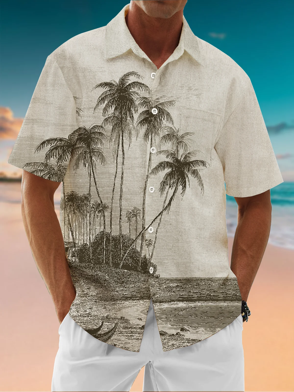 Moisture Wicking Coconut Tree Botanical Chest Pocket Hawaiian Shirt