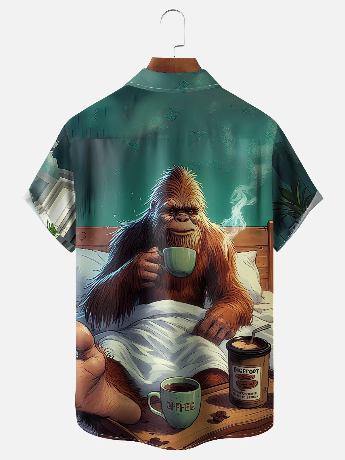 Moisture-wicking Bigfoot Wake-up Coffee Fun Chest Pocket Hawaiian Shirt