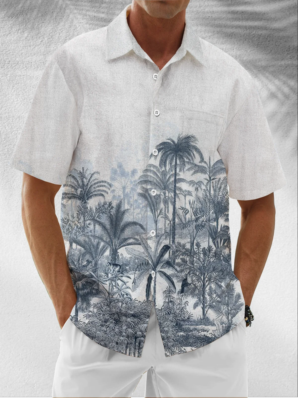 Moisture Wicking Coconut Tree Botanical Chest Pocket Hawaiian Shirt