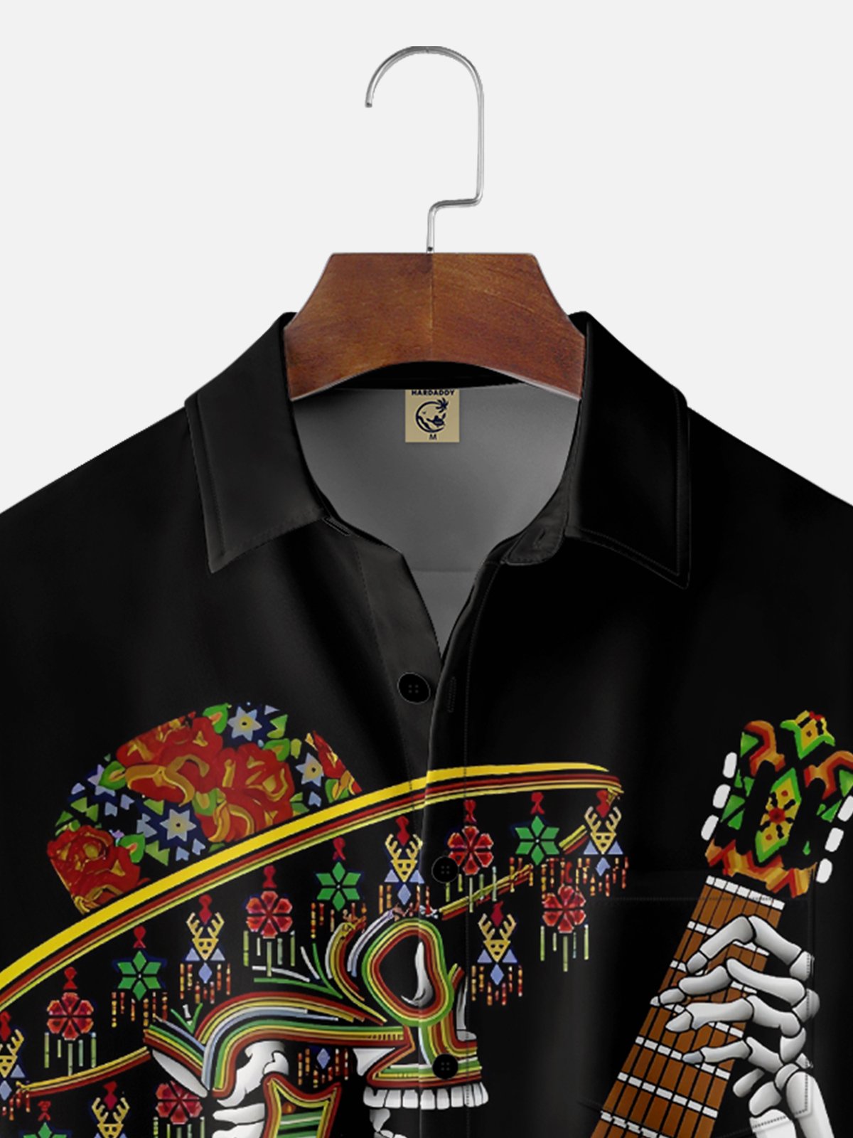 Moisture-wicking Day of the Dead Skeleton Music Chest Pocket Hawaiian Shirt