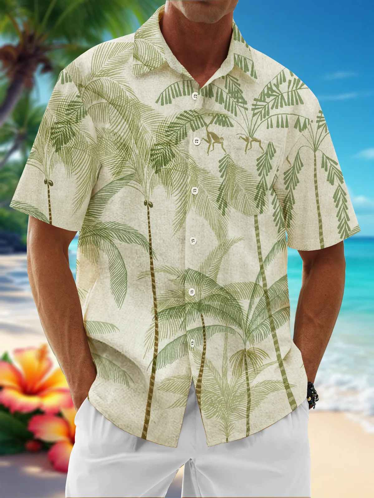 Moisture Wicking Coconut Tree Botanical Chest Pocket Hawaiian Shirt