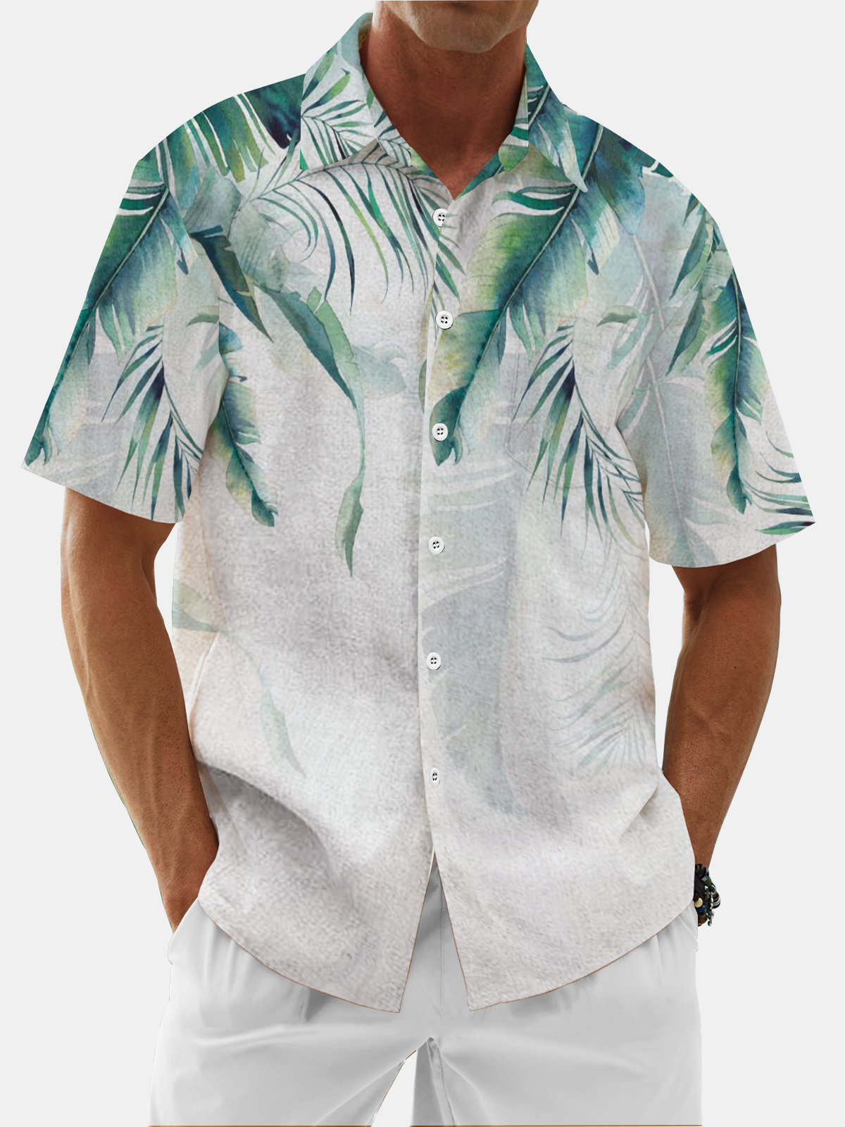 Moisture Wicking Plants Leaves Chest Pocket Hawaiian Shirt