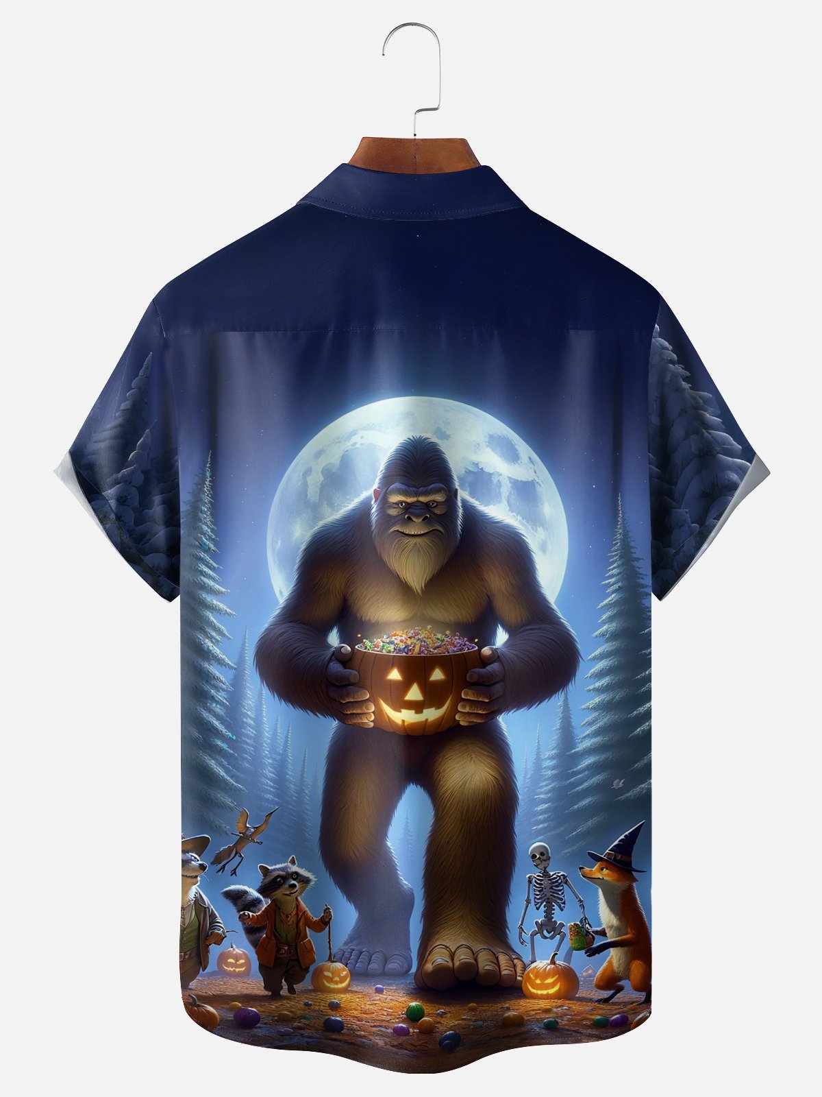 Moisture-Wicking Halloween Pumpkin Bigfoot Chest Pocket Hawaiian Shirt