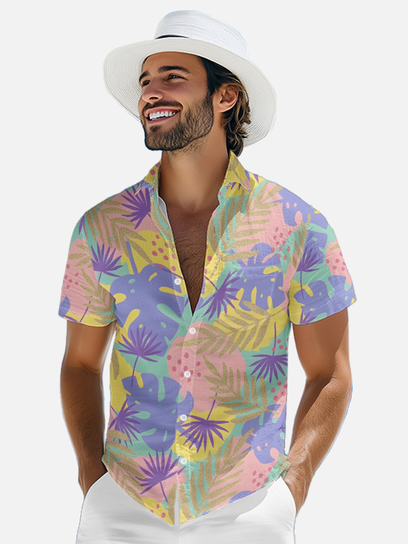 Moisture-wicking Palm Tree Chest Pocket Hawaiian Shirt
