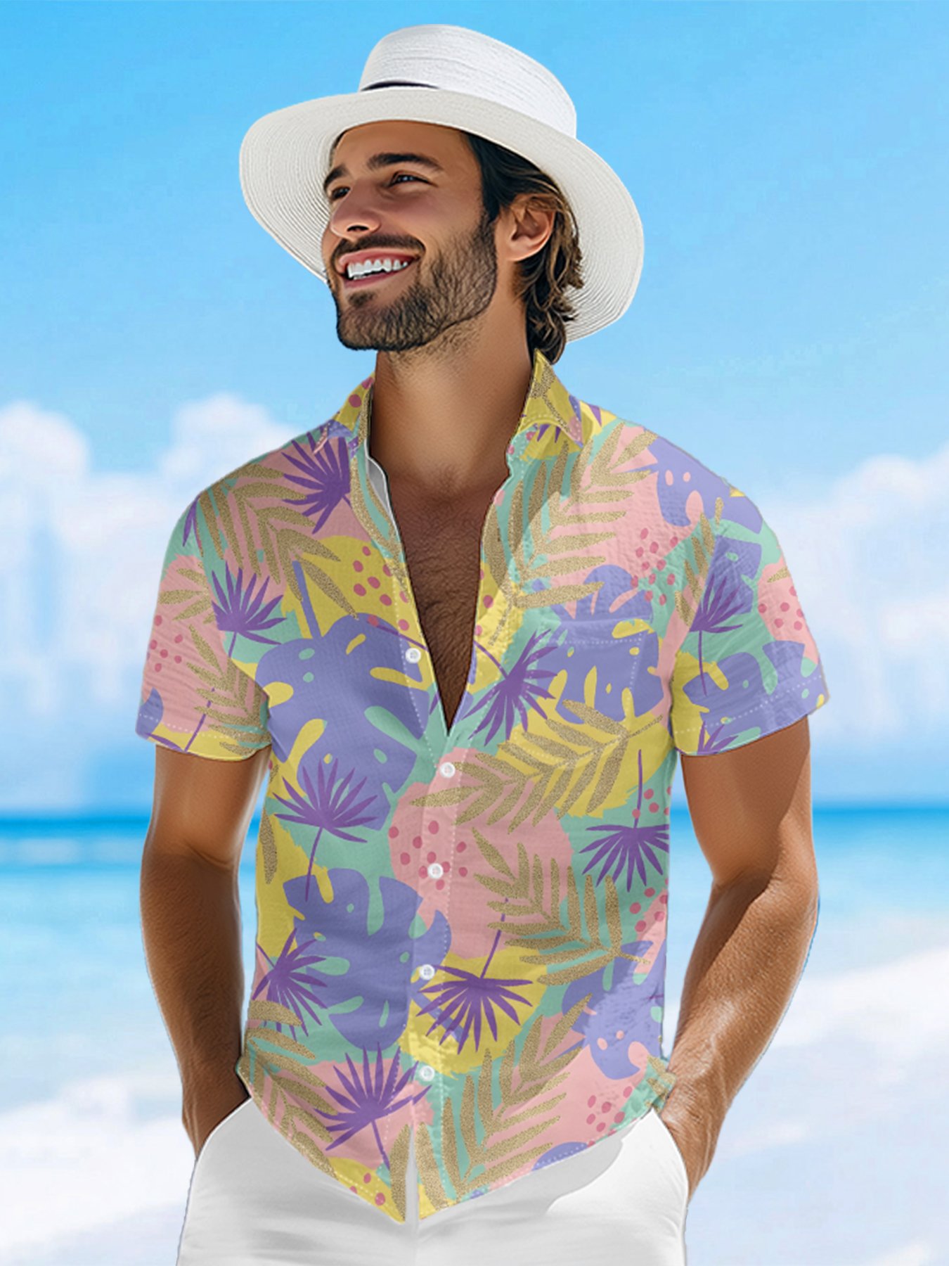 Moisture-wicking Palm Tree Chest Pocket Hawaiian Shirt