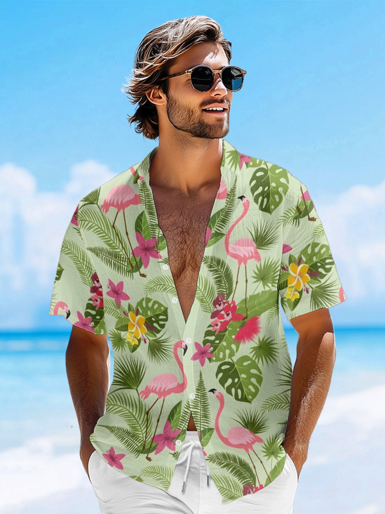 Moisture-wicking Palm Tree Flamingo Chest Pocket Hawaiian Shirt