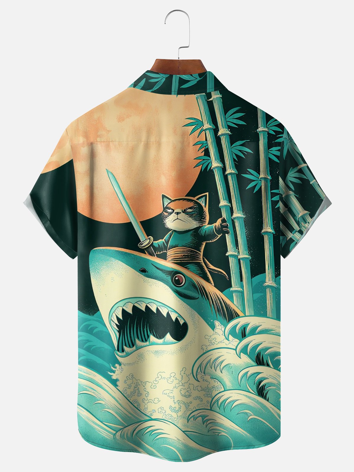 Moisture-Wicking Ukiyo-e Shark Cat Chest Pocket Hawaiian Shirt