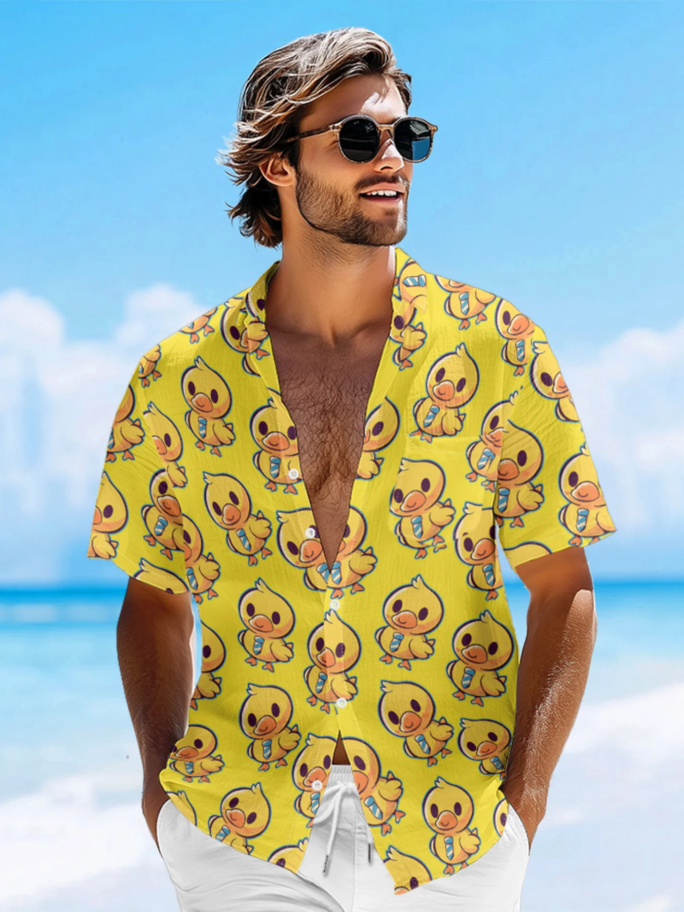 Hardaddy X Techranova Moisture-wicking Yellow Duck Chest Pocket Hawaiian Shirt