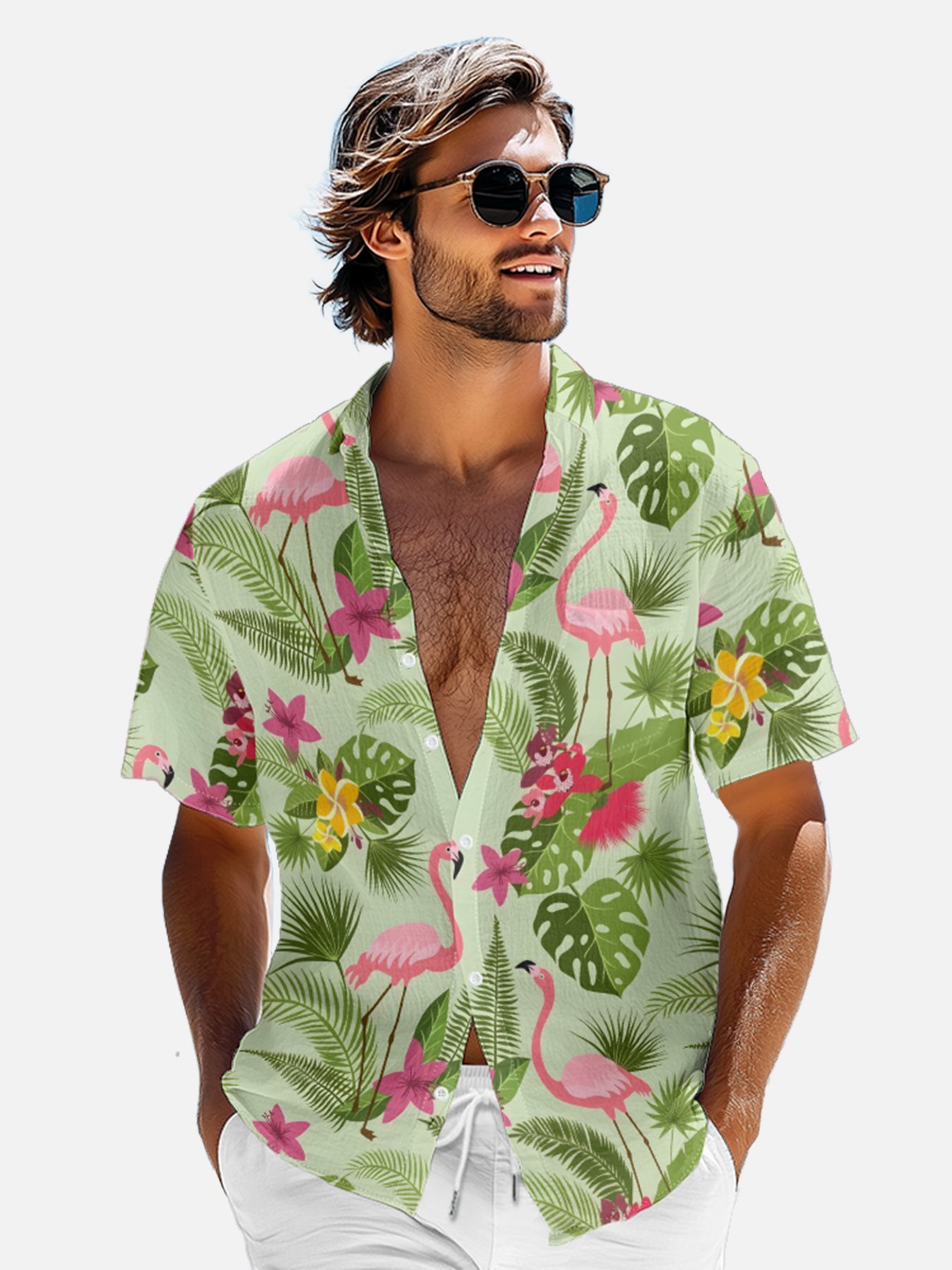 Moisture-wicking Palm Tree Flamingo Chest Pocket Hawaiian Shirt