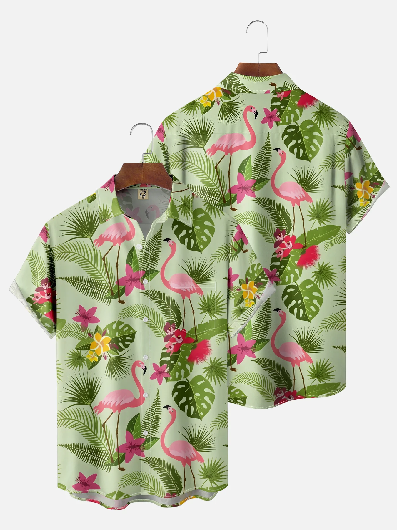 Moisture-wicking Palm Tree Flamingo Chest Pocket Hawaiian Shirt
