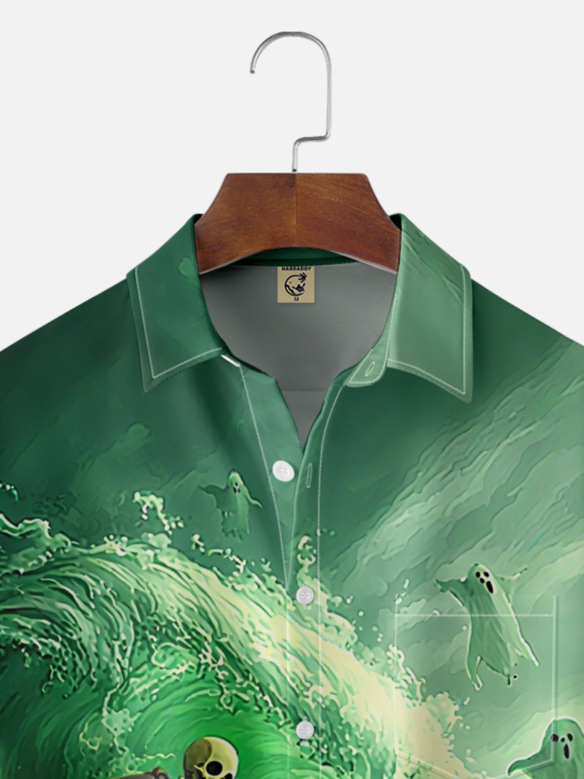 Moisture-Wicking Halloween Ghost Skull Surf Chest Pocket Hawaiian Shirt