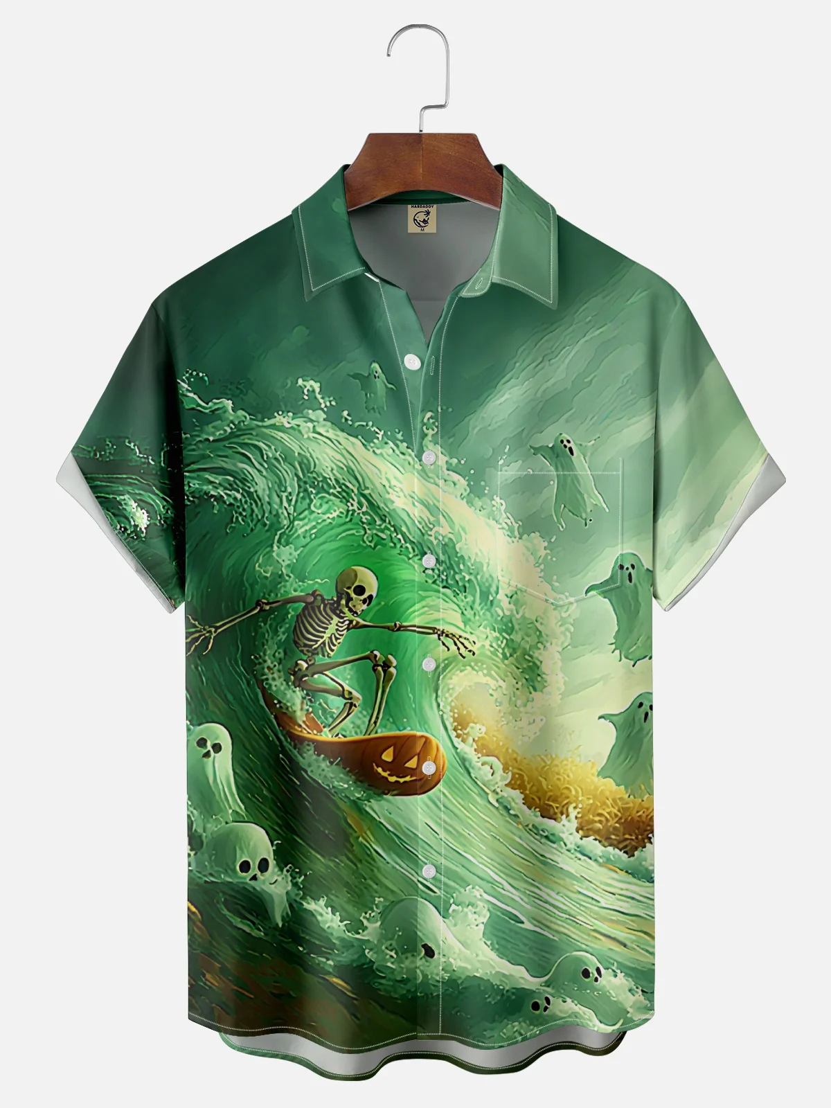 Moisture-Wicking Halloween Ghost Skull Surf Chest Pocket Hawaiian Shirt