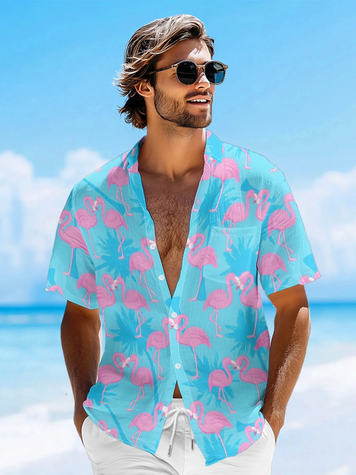 Moisture-wicking Tropical Palm Tree Flamingo Chest Pocket Hawaiian Shirt