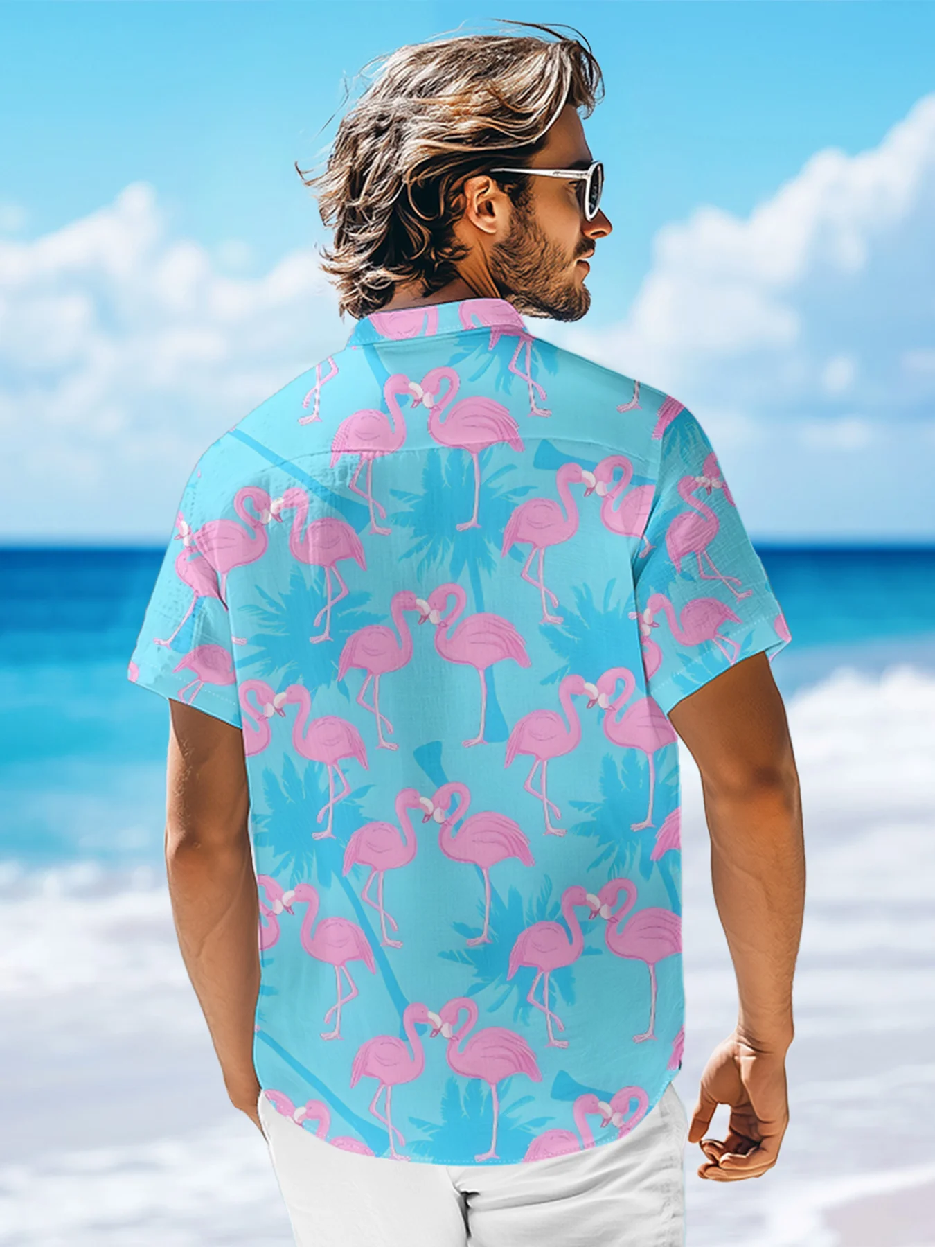 Moisture-wicking Tropical Palm Tree Flamingo Chest Pocket Hawaiian Shirt