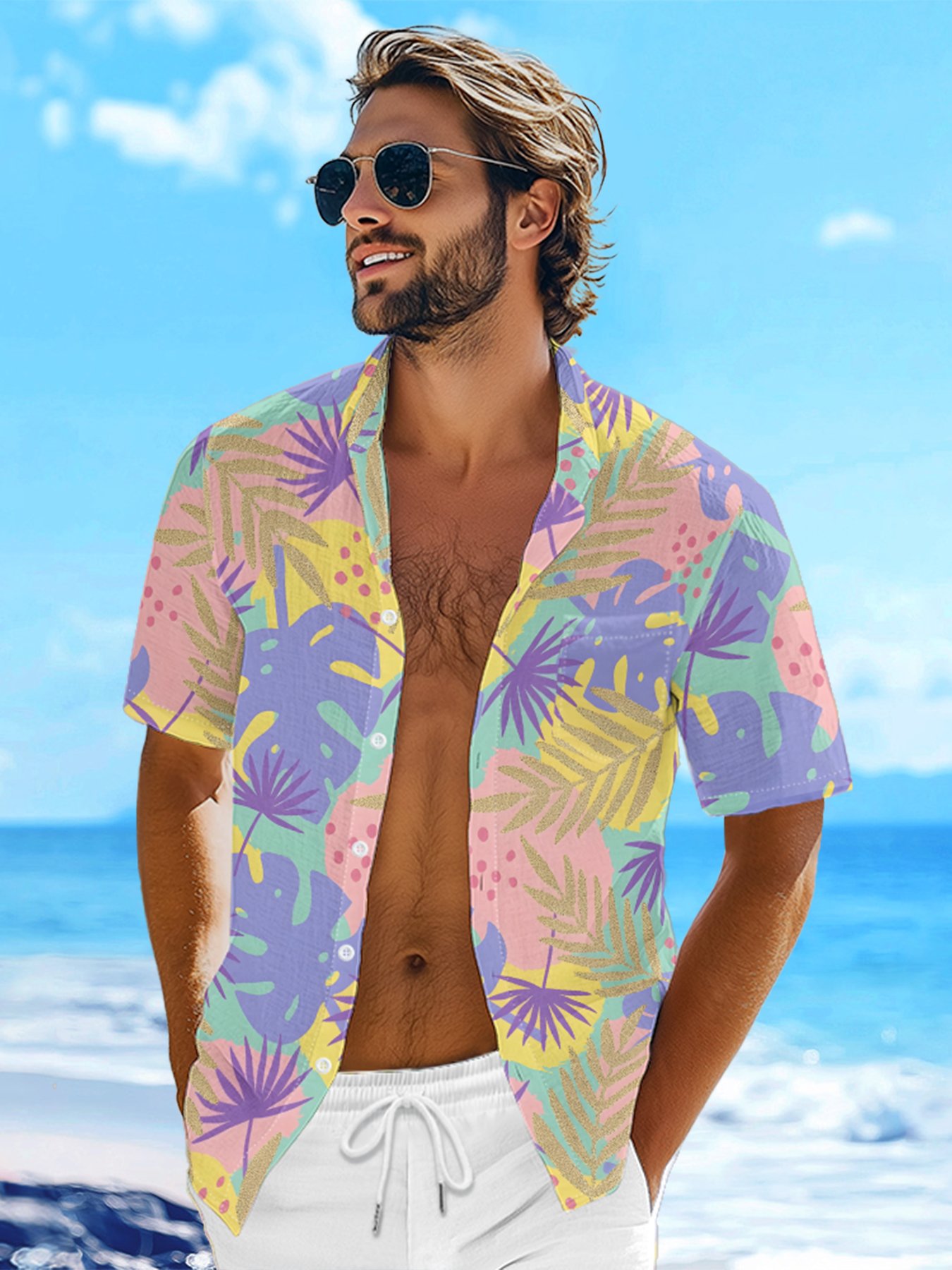 Moisture-wicking Palm Tree Chest Pocket Hawaiian Shirt