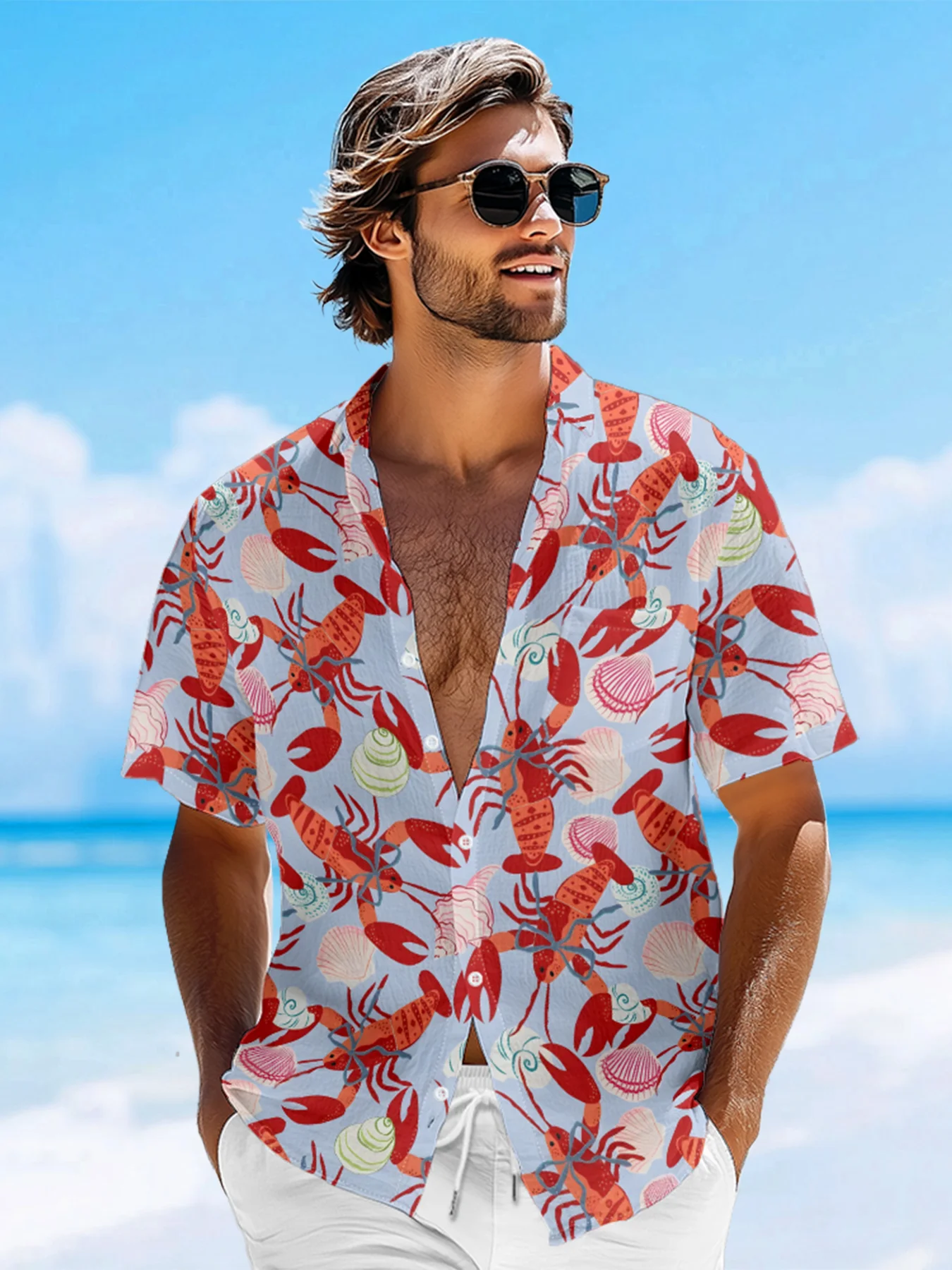 Moisture-wicking Lobster Festival Chest Pocket Hawaiian Shirt