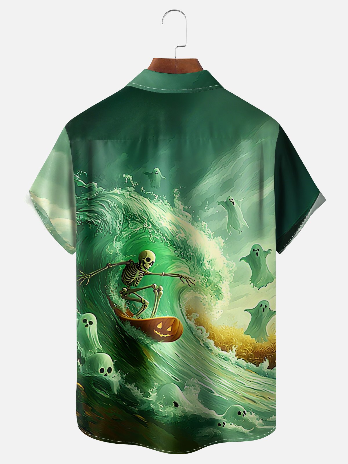 Moisture-Wicking Halloween Ghost Skull Surf Chest Pocket Hawaiian Shirt